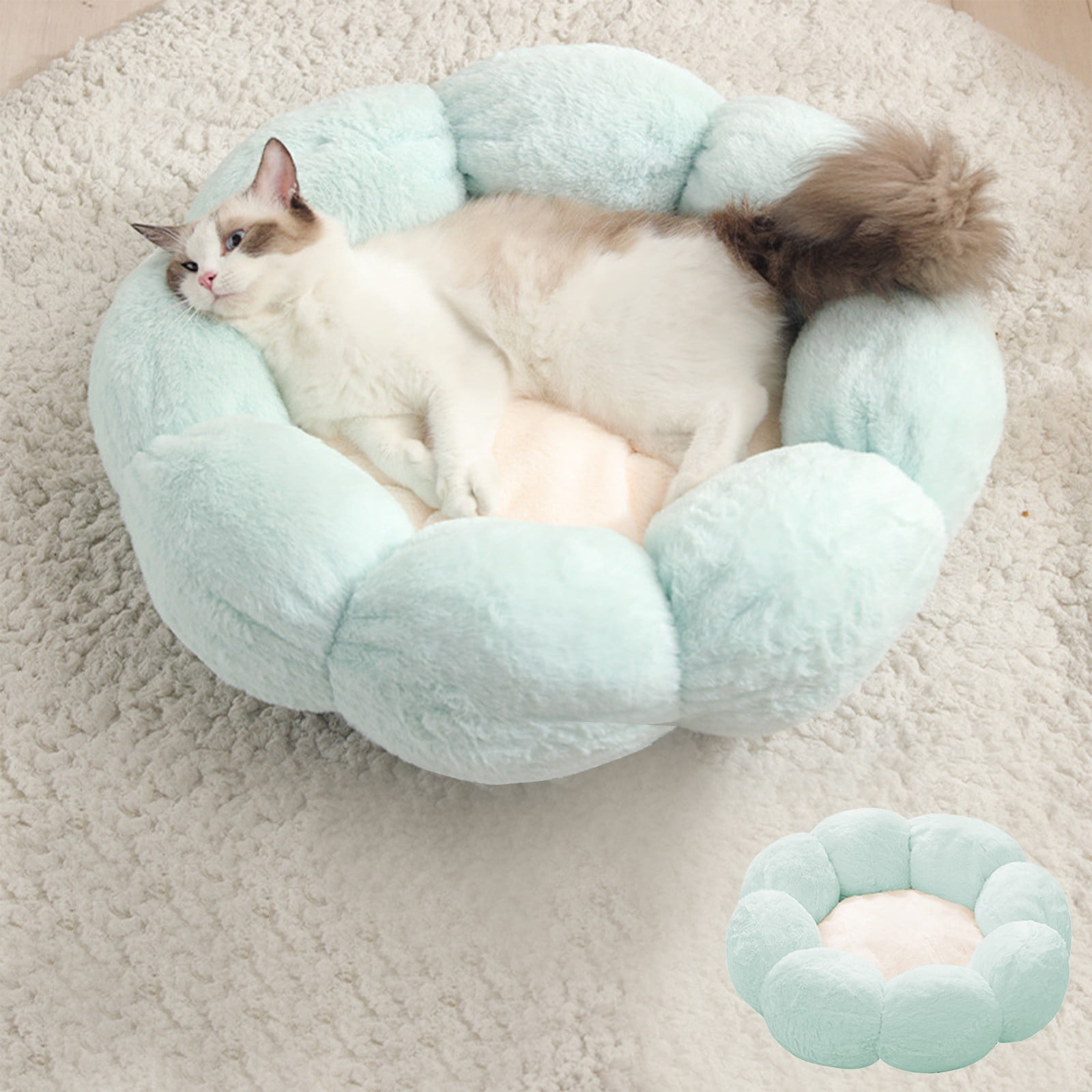 Nebwoak Round Cat Bed Warm Rounded Petals Calming Dog Cats Bed Cuddler Warming Cozy Soft Bed Faux Furs Cushion Bed for Small Medium Dogs and Cats