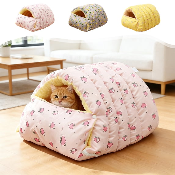Nebwoak Self-Warming Cat Cave Bed for Cats & Small Dogs, Donut Shape Plush Faux Fur Pet Bed, Machine Washable & Foldable, Grey Lemon Pattern