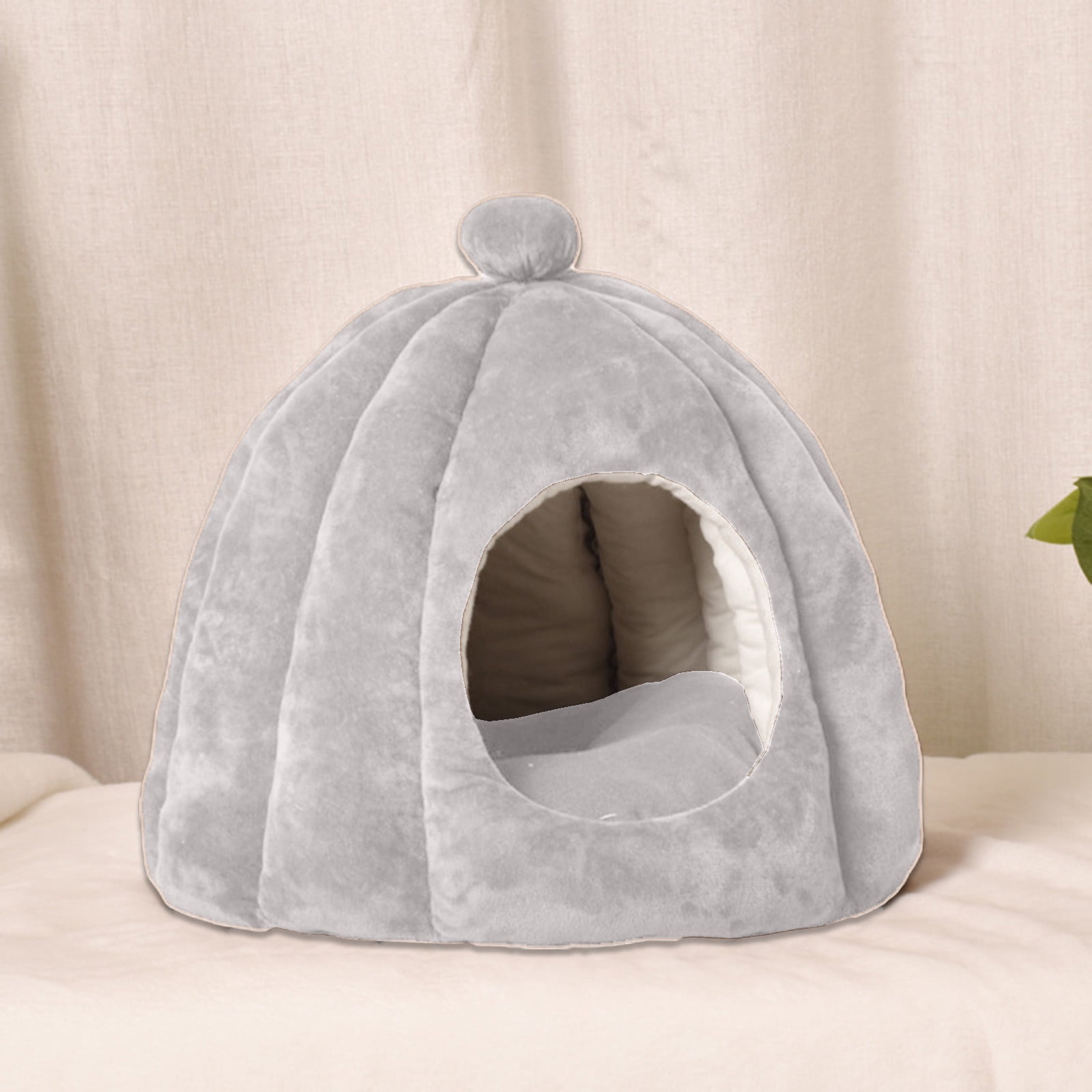Nebwoak Semi-Closed Warm Cat Bed, Detachable Washable Flannelette Pet Bed with High-Density Filling, All-Season Soft & Comfortable, 14.96x14.96x12.59in, Gray