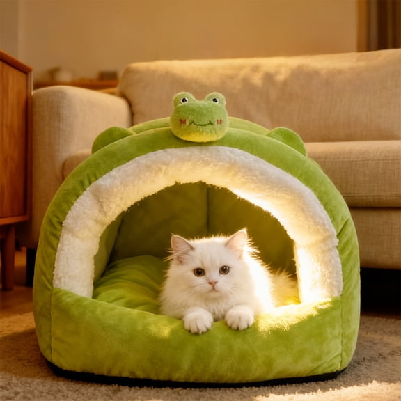 Nebwoak Semi Enclosed Cat Bed Cave, Warm Winter Donut Pet Bed for Cats and Small Dogs, Self Warming Plush Lining Washable Cute Frog Design
