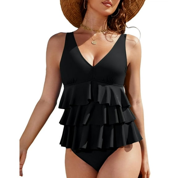 EWASWON Strapless Tankini Set for Women - Ruffle Detail and 4-Way Stretch, Plus Size Swimwear for Beach and Vacation,Black,Size M