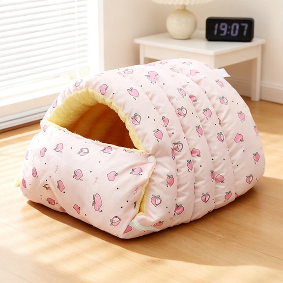 Nebwoak Warm Cat Cave Bed - Cozy Winter Enclosed Pet Bed for Cats & Small Dogs, Plush & Foldable, Soft Fleece, Machine Washable, Cute Fruit Pattern (Pink Peach/Gray Lemon)