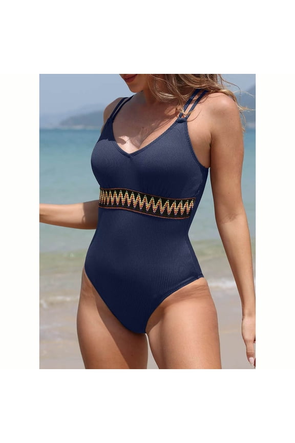 Women's Braided Trim Monokini - 4-Way Stretch and Tie Back, Plus Size Swimwear for Beach and Vacation,Navy,Size 2XL
