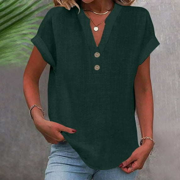 EWASWON Women's Cotton Linen Short Sleeve Button-Up Shirt V-Neck Loose Fit Blouse for Casual Office Summer Outfits,Green,XL