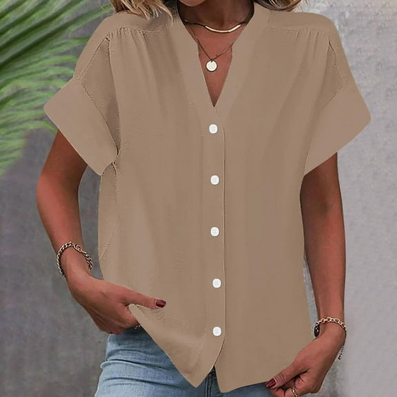 EWASWON Women's Short-Sleeve V-Neck Button-Up Blouse – Stretchy Polyester-Spandex Casual Shirt for Summer, Parties & Work (S-XXL),Khaki,M