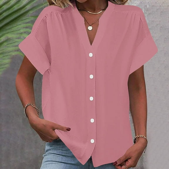 EWASWON Women's Short-Sleeve V-Neck Button-Up Blouse – Stretchy Polyester-Spandex Casual Shirt for Summer, Parties & Work (S-XXL),Pink,S