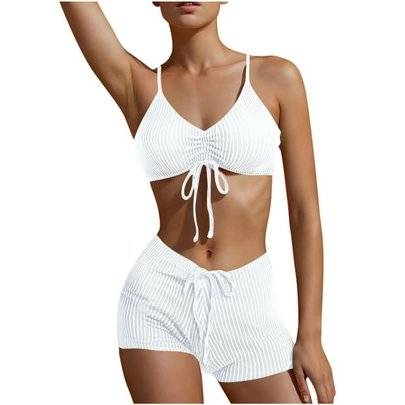 EWASWON Women's Striped Adjustable Drawstring Bikini Set – Quick-Dry and Tassel Tie,White,Size XL