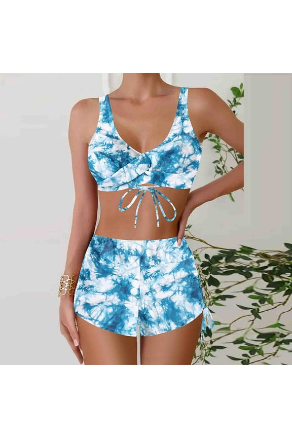Women's Tie-Dye Adjustable Bikini Set – High-Waisted and Butt-Lifting,Blue,Size 2XL