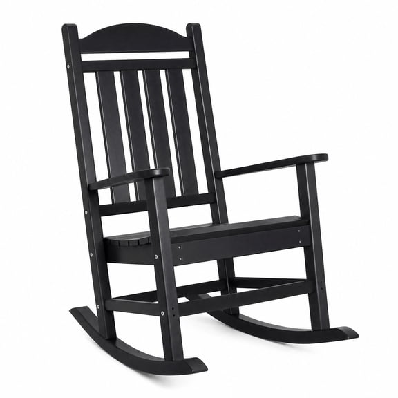 Necaces Outdoor HDPE Rocking Chair, Weather-Resistant Adirondack Rocker with Ergonomic High Backrest, All-Weather Patio Rocker, 400 LBS Capacity, Black