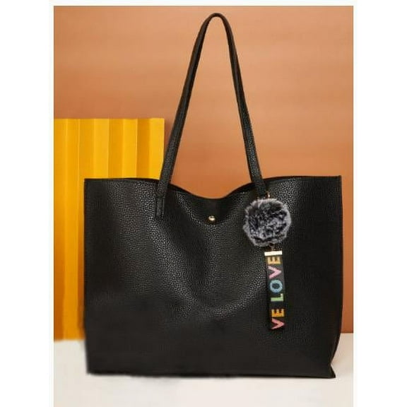 Necano Women Tote Bag Pu leather Tassels Shoulder Handbags Purses Bags with Love tag- Black
