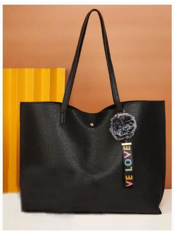 Women Tote Bag Pu leather Tassels Shoulder Handbags Purses Bags with Love tag- Black