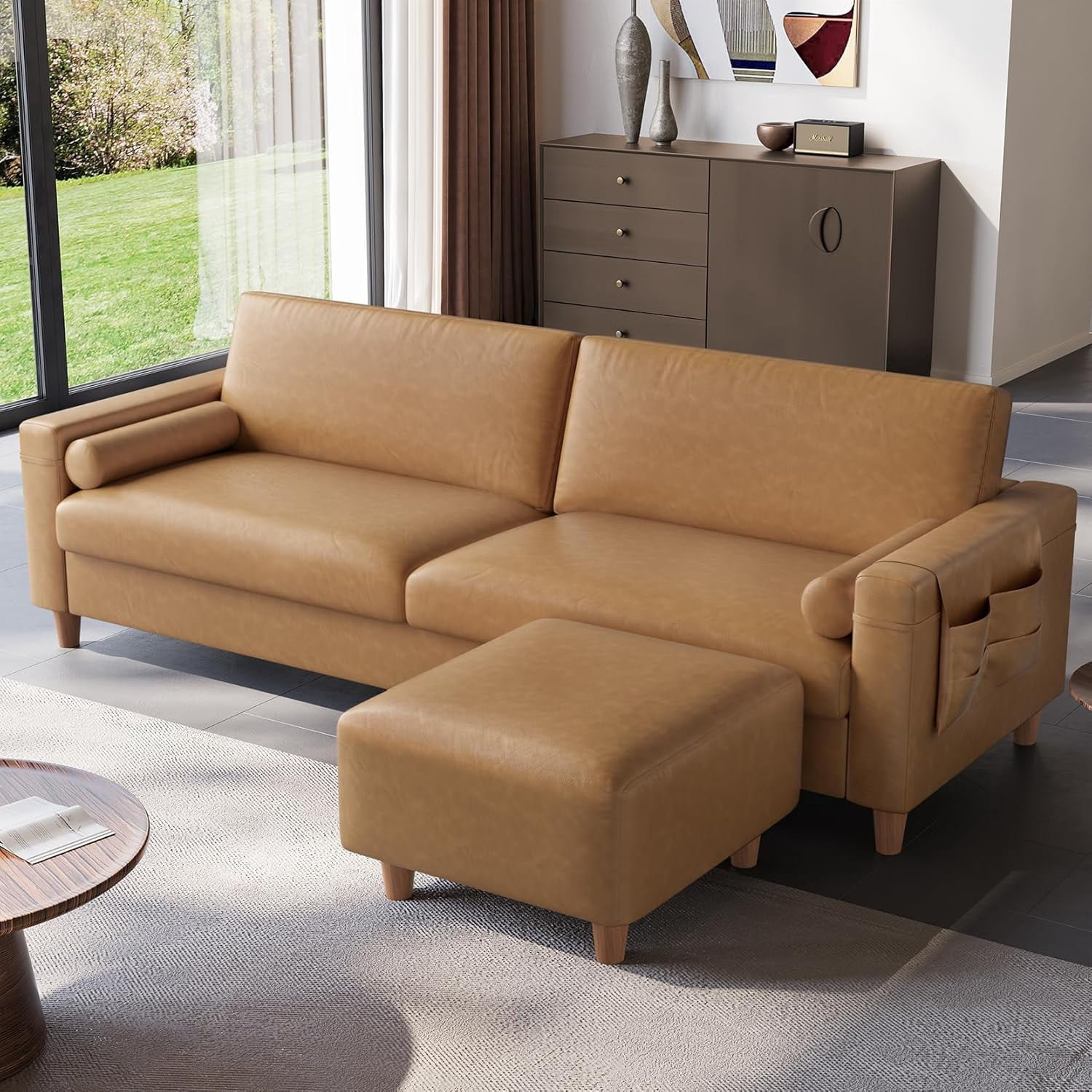 Neche 100" Faux Leather Sofa with Movable Ottoman, Large 2 Seater L Shaped PU Leather Couch with Side Pocket, Comfy Mid Century Modern Modular Sectional Sofa for Living Room, Apartment, Camel