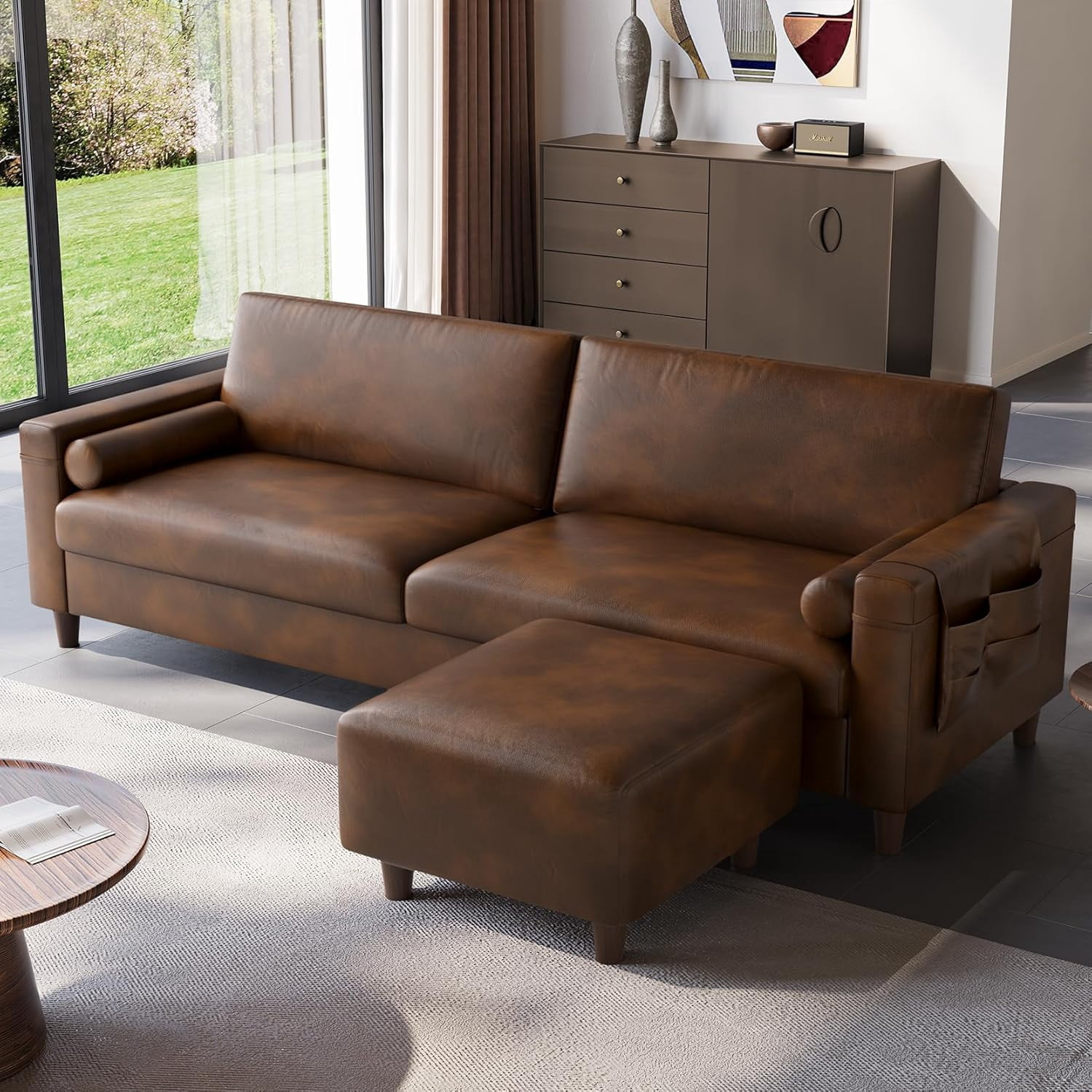 Neche 100" PU Faux Leather Couch with Movable Ottoman, Large 2 Seater L Shaped Leather Sectional Sofa with Side Pocket, Comfy Mid Century Modern Modular Sofa for Living Room, Apartment, Cocoa
