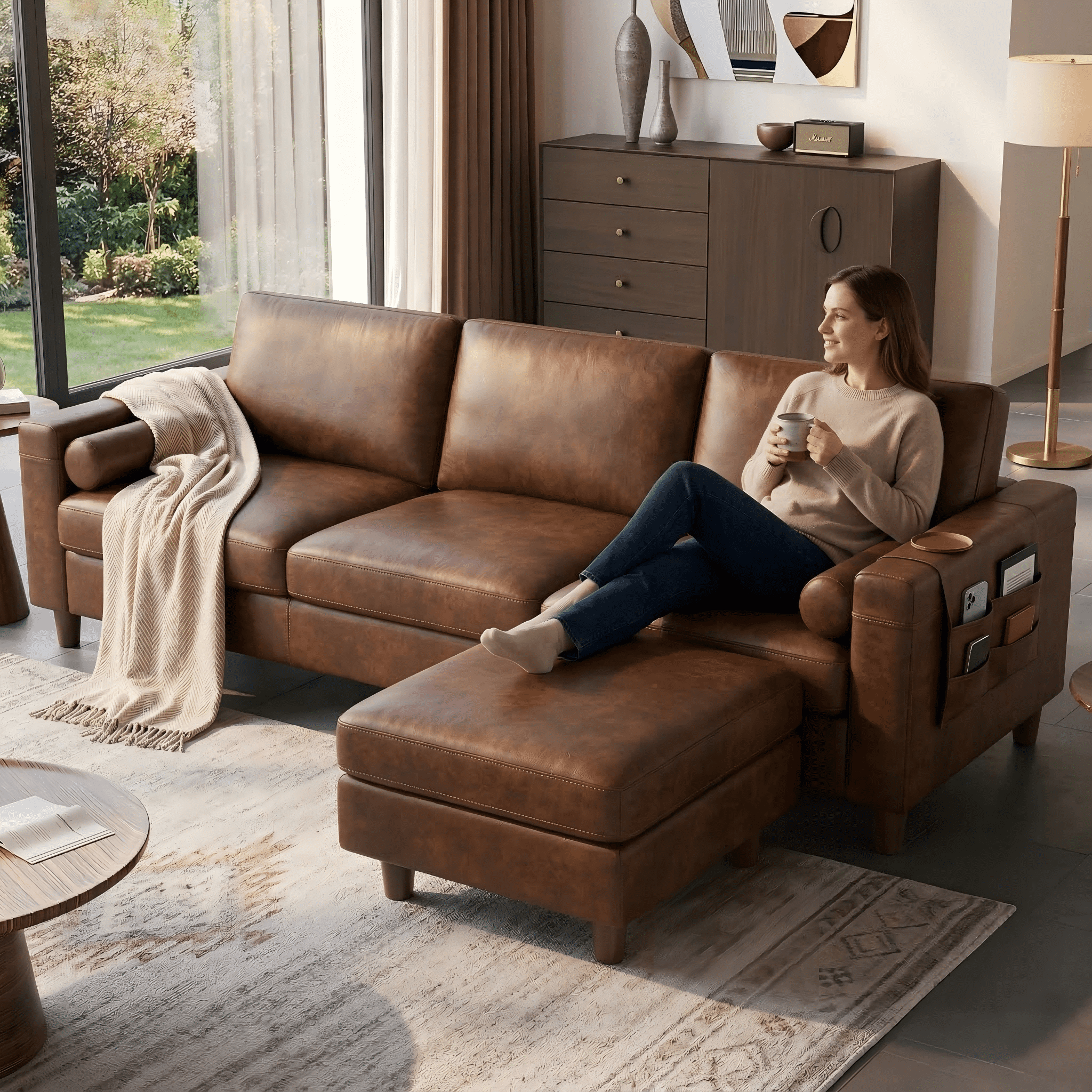 Neche 100" PU Faux Leather Sofa with Movable Ottoman, 3 Seater L Shaped Leather Sectional Couch with Side Pocket, Comfy Mid Century Modern Modular Couch for Living Room, Apartment, Cocoa