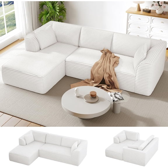 Neche 106" Boneless Couch with Chaise, Deep Seat Comfy Cloud Modular Sofa Corduroy Memory Foam Sectional Couches for Living Room Bedroom, No Assembly Required (Beige, Left-Facing Chaise)
