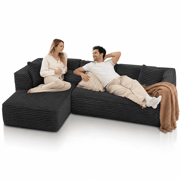 Neche 106" Boneless Couch with Chaise, Deep Seat Comfy Cloud Modular Sofa Corduroy Memory Foam Sectional Couches for Living Room Bedroom, No Assembly Required (Grey, Left-Facing Chaise)