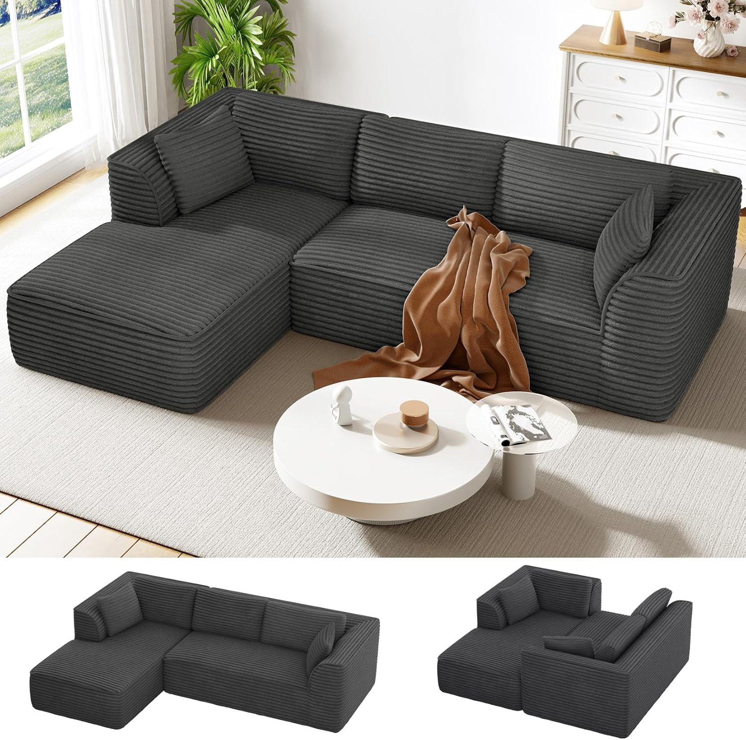 Neche 106" Boneless Couch with Chaise, Deep Seat Comfy Cloud Modular Sofa Corduroy Memory Foam Sectional Couches for Living Room Bedroom, No Assembly Required (Grey, Left-Facing Chaise)