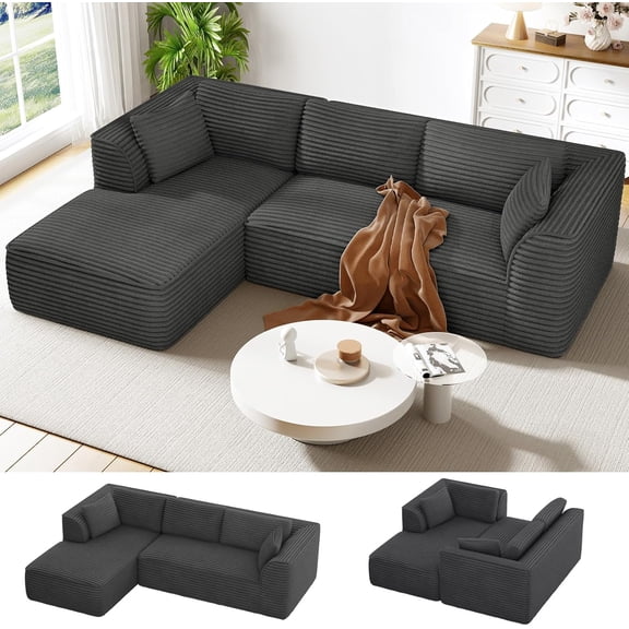 Neche 106" Boneless Couch with Chaise, Deep Seat Comfy Cloud Modular Sofa Corduroy Memory Foam Sectional Couches for Living Room Bedroom, No Assembly Required (Grey, Left-Facing Chaise)
