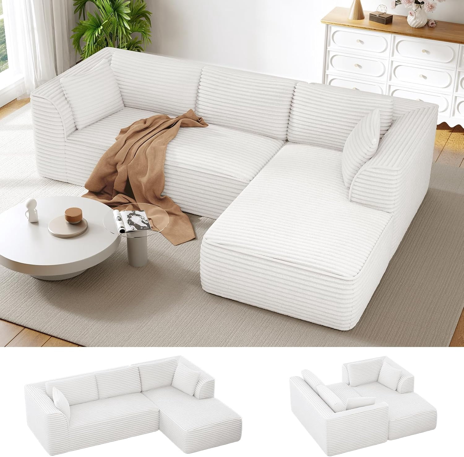 Neche 106" Modular Sectional Sofa with Chaise, Deep Seat Comfy Cloud Couch Corduroy L Shaped Sofa Sectional Couches for Living Room Bedroom, No Assembly Required (Beige, Right-Facing Chaise)