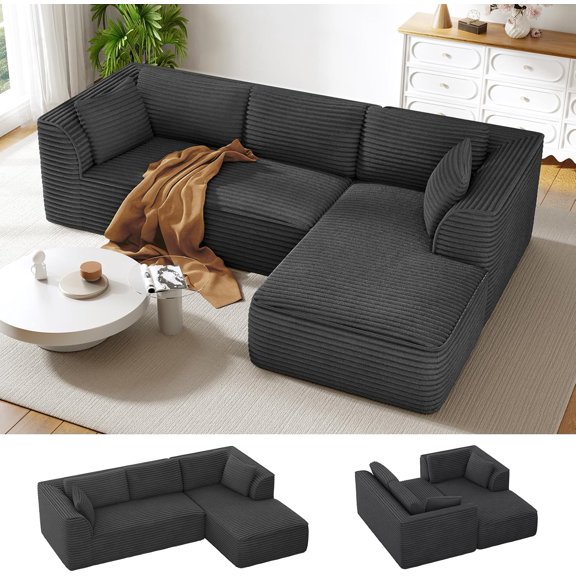 Neche 106" Modular Sectional Sofa with Chaise, Deep Seat Comfy Cloud Couch Corduroy L Shaped Sofa Sectional Couches for Living Room Bedroom, No Assembly Required (Grey, Right-Facing Chaise)