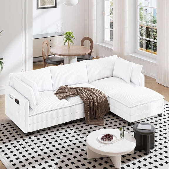 Neche 109" L Shaped Cloud Sectional Couch, Comfy Corduroy Upholstered Modular Couches for Living Room, Modern Modular Sectional Sofa with Ottoman Deep Seat, Warm White