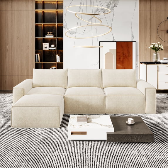 Neche 114" Cloud Sofa for Living Room, L-Shaped Deep Seat Modular Boneless Couch, No Assembly Required,Beige