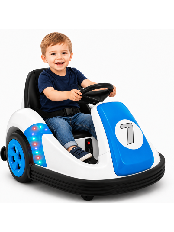 12V Electric Bumper Car for Toddlers, 2.2 mph Ride On Toy with Remote Control, 360° Spin, Bluetooth Music, LED Lights, DIY Stickers, Blue