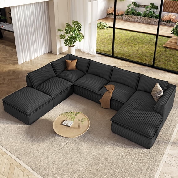 Neche 141.7" Oversized Boneless Sectional Couch, Modern 7 Seater Modular Sofa with Chaise & Ottoman, Deep Seat Corduroy Cloud Couches for Living Room, No Assembly Required, Dark Gray