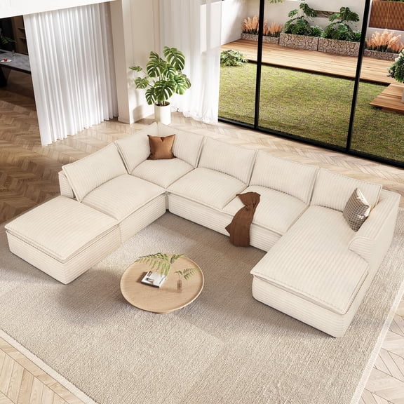 Neche 141.7" Oversized Boneless Sectional Couch, Modern 7 Seater Modular Sofa with Chaise & Ottoman, Deep Seat Corduroy Cloud Couches for Living Room, No Assembly Required, Beige