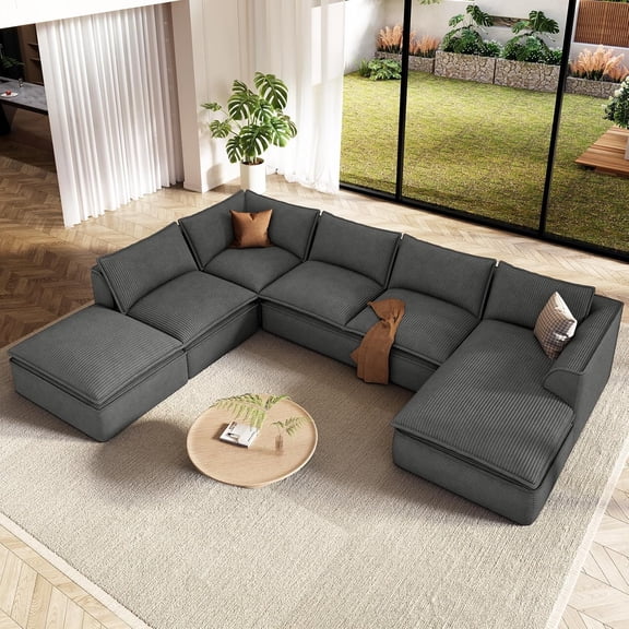 Neche 141.7" Oversized Boneless Sectional Couch, Modern 7 Seater Modular Sofa with Chaise & Ottoman, Deep Seat Corduroy Cloud Couches for Living Room, No Assembly Required, Dark Gray