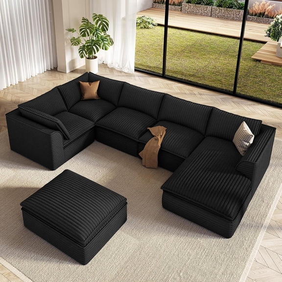 Neche 141.7" Oversized Sectional Boneless Couch, 7 Seater Modular Sofa with Chaise & Ottoman & Armrest, Deep Seat Plush Corduroy Cloud Couch for Living Room, No Assembly Required, Black