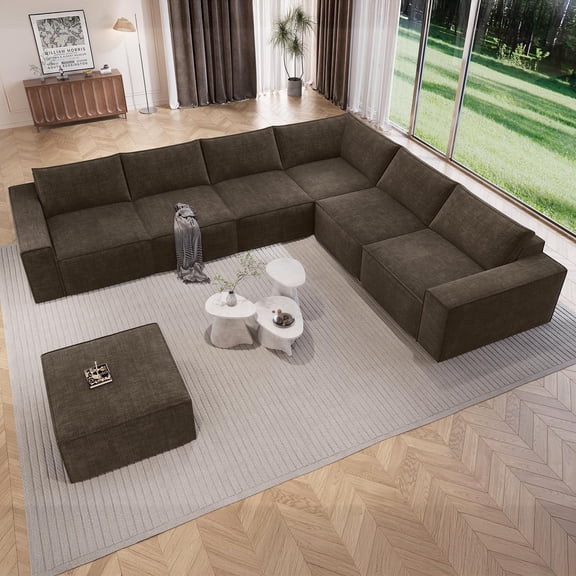Neche 143.7" Oversized Boneless Couch, Modern 7 Seater Modular Sectional Sofa with Deep Seat, Convertible Chenille Cloud Couches for Living Room, No Assembly Required, Dark Brown