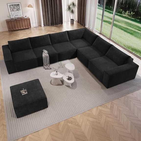 Neche 143.7" Oversized Boneless Couch, Modern 7 Seater Modular Sectional Sofa with Deep Seat, Convertible Chenille Cloud Couches for Living Room, No Assembly Required, Black