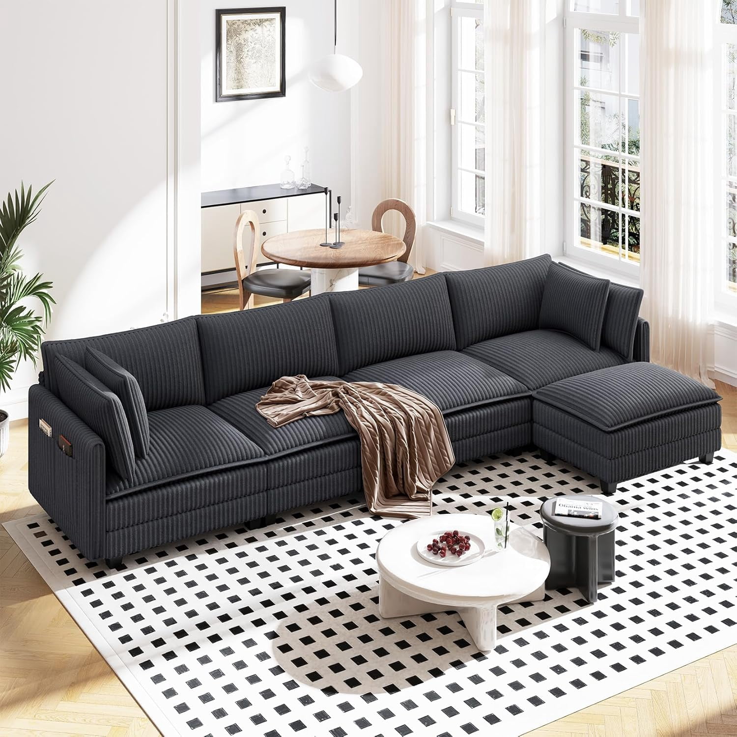 Neche 143" L Shaped Modular Sectional Couch, Comfy Corduroy Upholstered Cloud Couches for Living Room, Modern 3 Seater Sofa with Movable Ottoman & Throw Pillows, Dark Grey