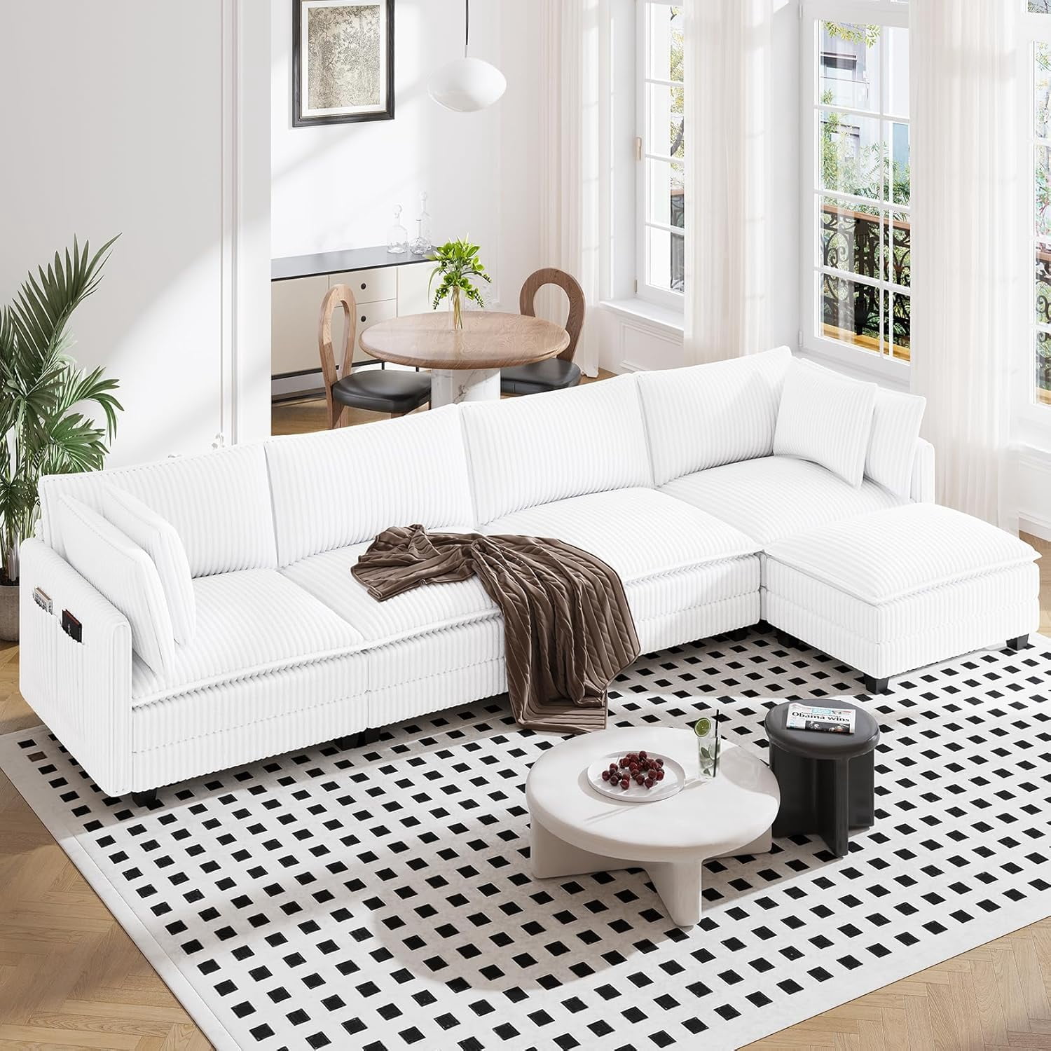 Neche 143" L Shaped Modular Sectional Sofa, Comfy Corduroy Upholstered Modular Sectional Couches for Living Room, Modern Cloud Couch with Ottoman Deep Seat, Warm White