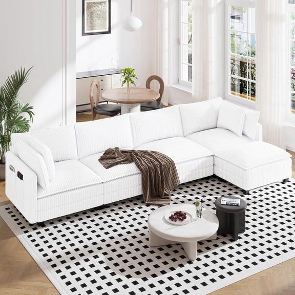 Neche 143" L Shaped Modular Sectional Sofa, Comfy Corduroy Upholstered Modular Sectional Couches for Living Room, Modern Cloud Couch with Ottoman Deep Seat, Warm White