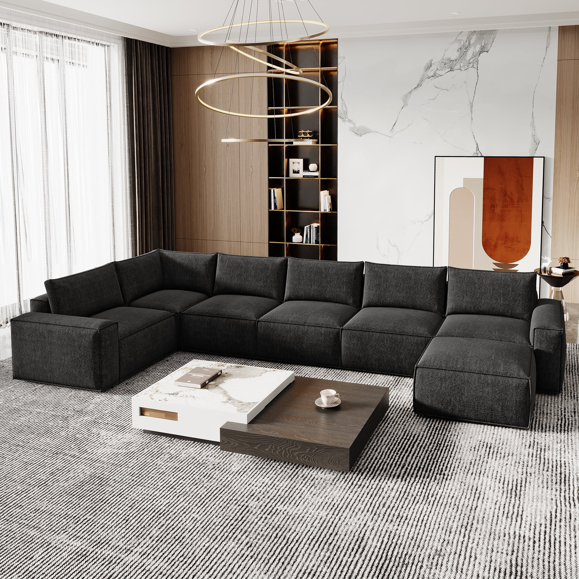 175" Oversized Boneless Couch for Living Room, Neche Modern Modular Sectional, Convertible, U Shaped, Deep Seat, Big Comfy Sofa Set with Ottoman,Black