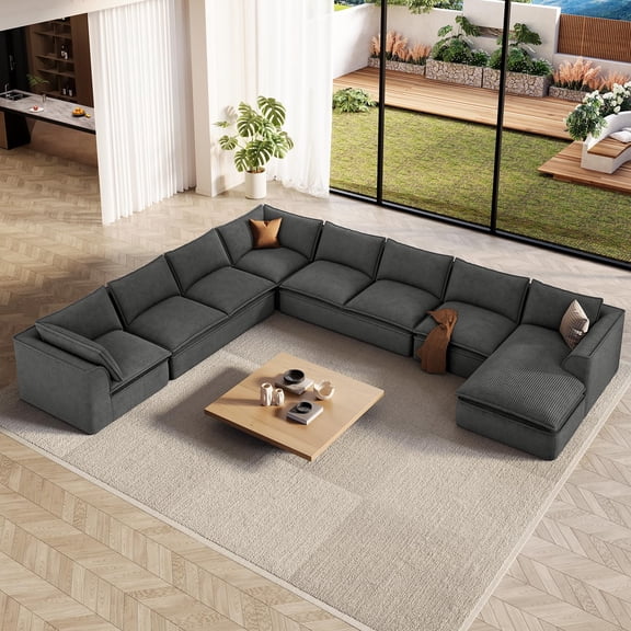 Neche 204.7" Oversized Boneless Sectional Couch, Modern 9 Seater Modular Sofa with Chaise, Deep Seat Corduroy Convertible Cloud Couches for Living Room, No Assembly Required, Dark Gray
