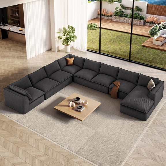 Neche 204.7" Oversized Boneless Sectional Couch, Modern 9 Seater Modular Sofa with Chaise, Deep Seat Corduroy Convertible Cloud Couches for Living Room, No Assembly Required, Black