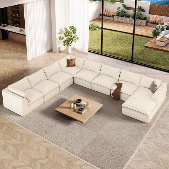 Neche 204.7" Oversized Sectional Boneless Couch, Modern 9 Seater Modular Sofa with Chaise, Deep Seat Convertible Plush Corduroy Cloud Couches for Living Room, No Assembly Required, Beige