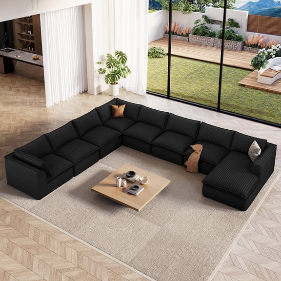 Neche 204.7" Oversized Sectional Boneless Couch, Modern 9 Seater Modular Sofa with Chaise, Deep Seat Convertible Plush Corduroy Cloud Couches for Living Room, No Assembly Required, Black