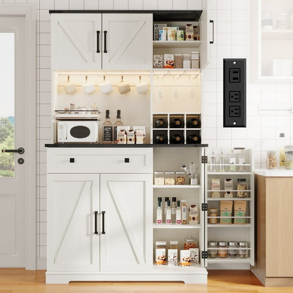 Neche 71" Kitchen Pantry Cabinet, Tall Storage Cabinet with Charging Station, LED Light, Microwave Stand, Drawers, Wine Rack, Farmhouse Hutch for Dining Room, White