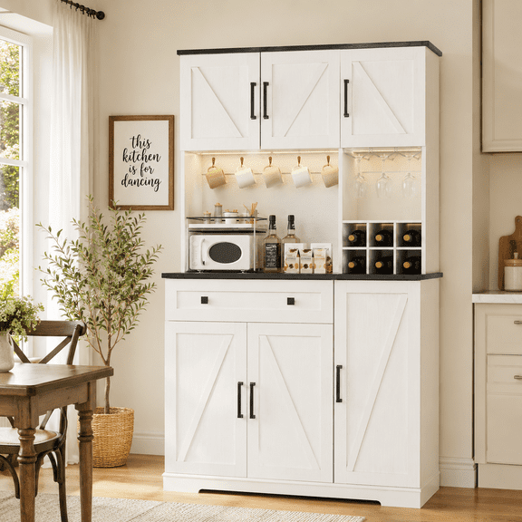 Neche 71" Kitchen Pantry Cabinet, Tall Storage Cabinet with Charging Station, LED Light, Microwave Stand, Drawers, Wine Rack, Farmhouse Hutch for Dining Room, White