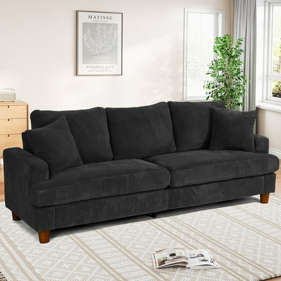 87" Corduroy Sofa,3 Seater Sofa with Extra Deep Seats,Neche Comfy Upholstered Couch for Living Room,2 Pillows,Black