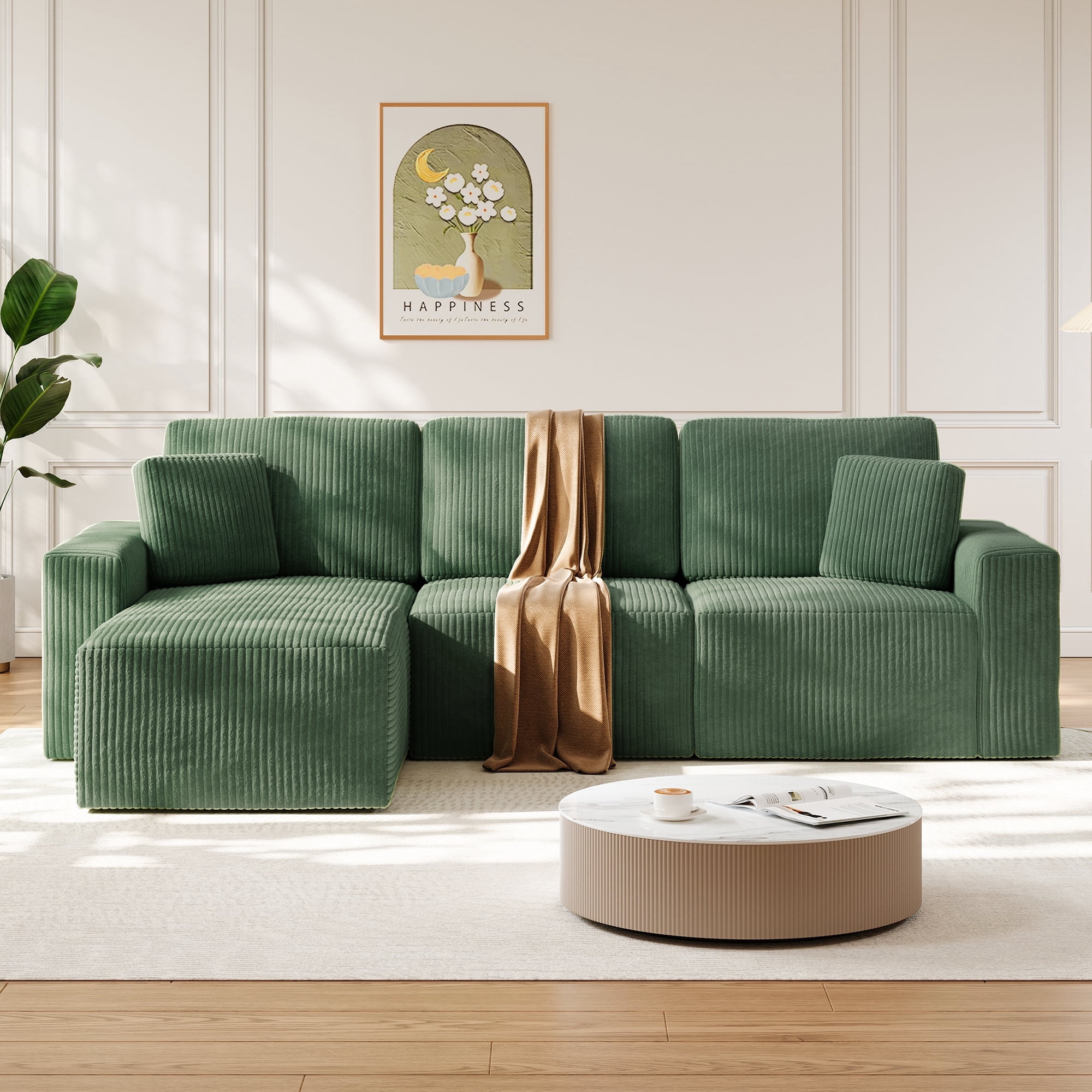 Solid Wood Frame Corduroy Sofa Couch, Neche 100" Sectional for Living Room, L-Shaped, Green