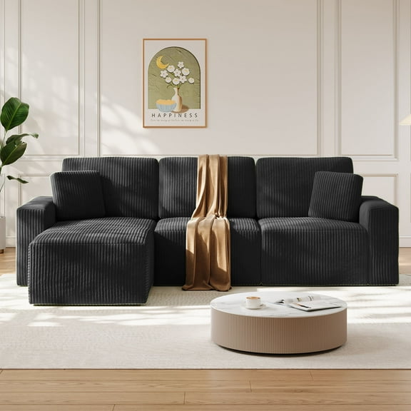 Solid Wood Frame Corduroy Sofa Couch, Neche 100" Sectional for Living Room, L-Shaped, Black