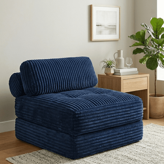 Neche Single Corduroy Convertible Sleeper Sofa - Folding, Pillow Included, Back Support, Portable for Living Room & Bedroom, Navy