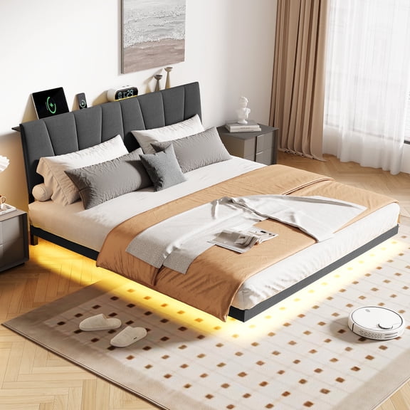 Neche Floating Upholstered Twin Full Queen King Platform Bed Frame with LED Lights, Charging Station & Storage Headboard, Gray
