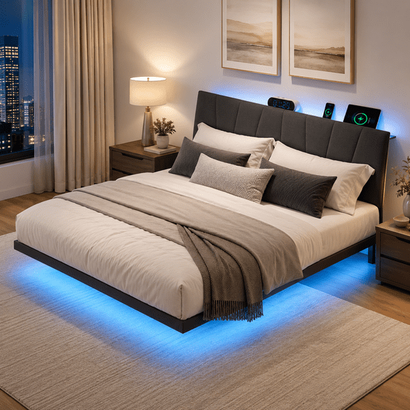 Neche Floating Upholstered Twin Full Queen King Platform Bed Frame with LED Lights, Charging Station & Storage Headboard, Gray