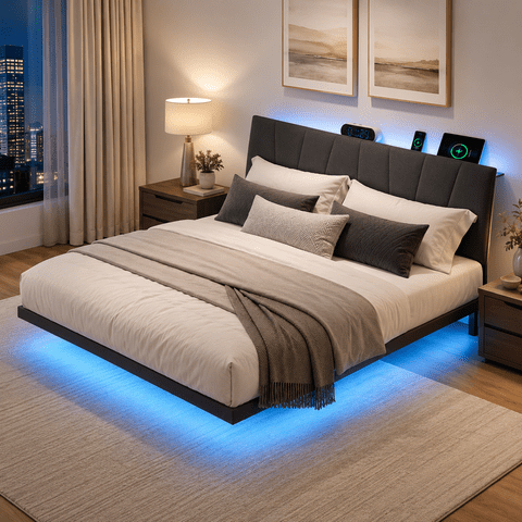 Neche Floating Upholstered Twin Full Queen King Platform Bed Frame with LED Lights, Charging Station & Storage Headboard, Gray